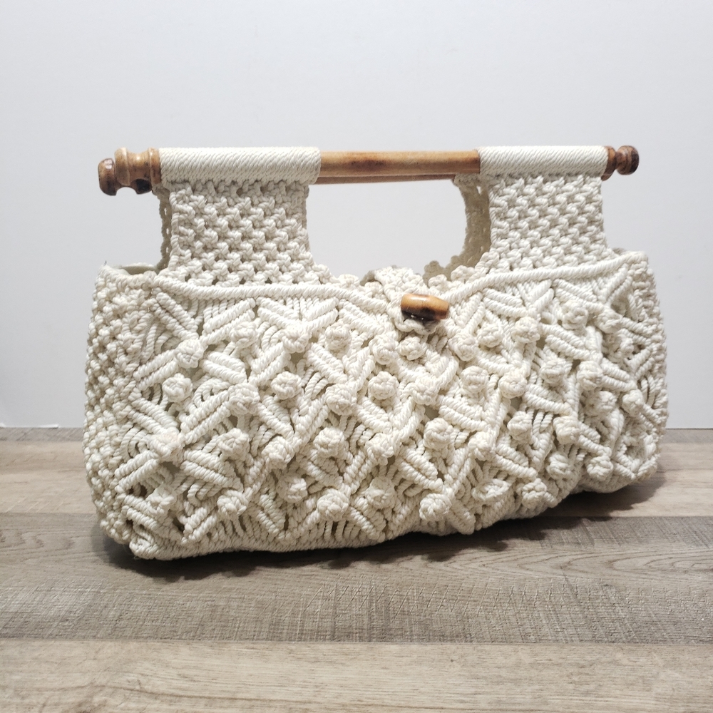 Vintage Handmade White Knit Purse Hippie Swag